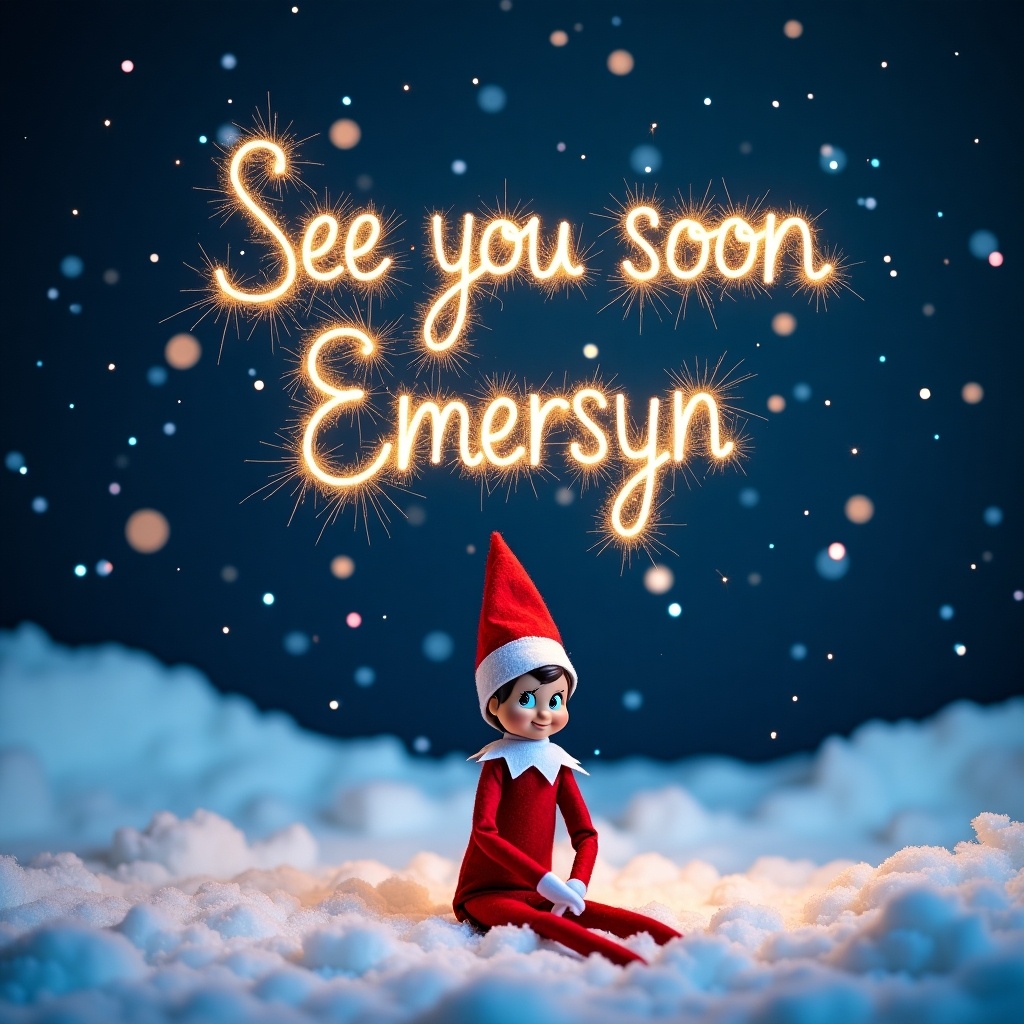 The image features an Elf on the Shelf sitting in a snowy landscape at night. Snowflakes softly fall around the cheerful elf, who is dressed in a classic red and white outfit. Above the elf, the words 'See you soon Emersyn' are whimsically written in the sky, created with sparklers that emit a warm glow. The background is a rich blue, enhancing the magical ambiance. The snowy ground is puffy, resembling clouds, adding to the enchanting feel of the scene.