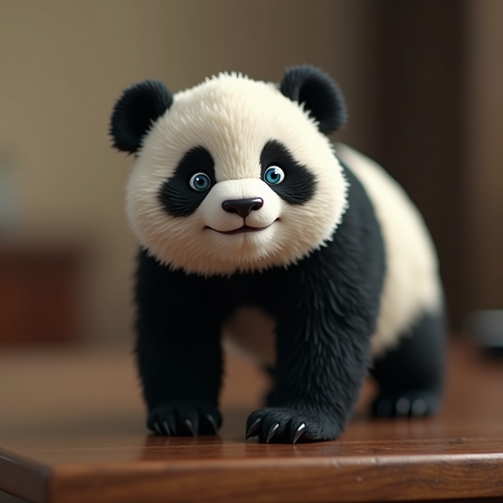 A lifelike plush panda toy with bright blue eyes stands on a wooden surface, exuding charm and playfulness.