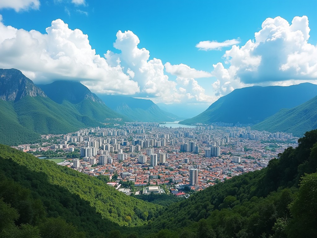 The image shows a picturesque cityscape nestled in a valley surrounded by mountains. There are both low-rise and high-rise buildings, showcasing a mix of architecture. The sky is bright blue with fluffy white clouds floating above. Lush green hills rise behind the urban areas, creating a stunning contrast. The area appears to be bustling, reflecting a vibrant urban life. Overall, it portrays a scenic blend of nature and urban development.