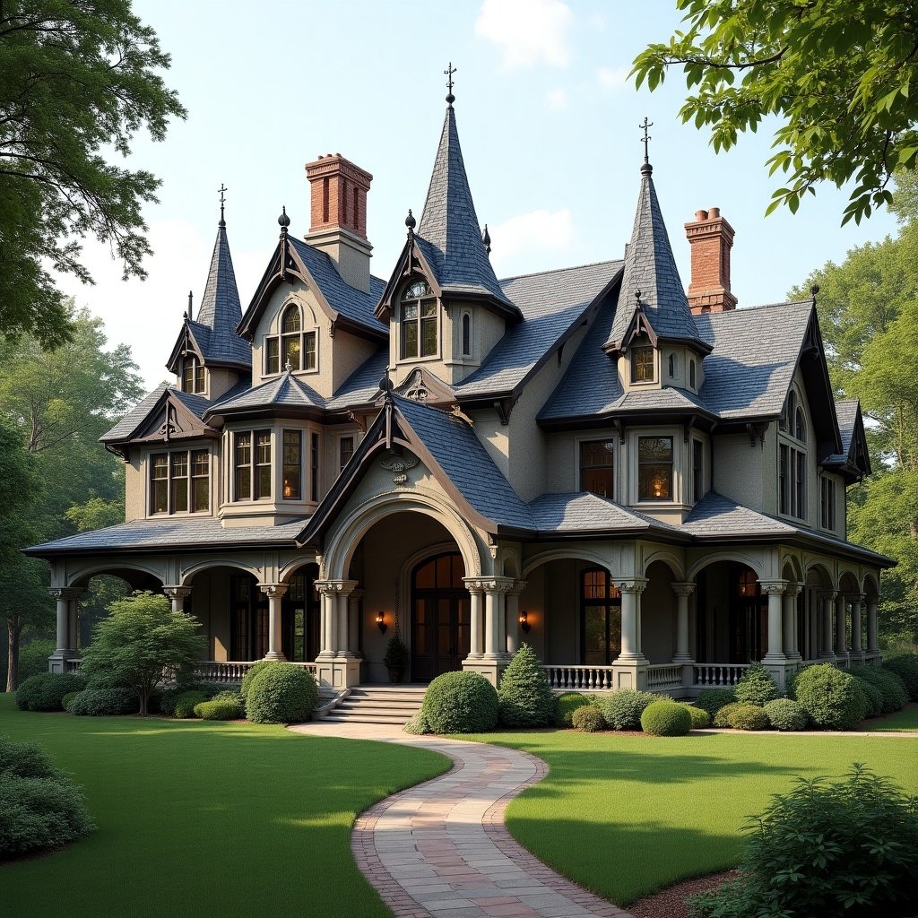 The image showcases an estate that beautifully blends Gothic Revival and Georgian Colonial architectural styles. The house features multiple spires and ornate details typical of Gothic design. Large windows are framed by elegant arches, adding to the grandeur of the structure. Surrounding the estate is a lush green garden with manicured lawns and a charming stone pathway leading to the entrance. The overall look is stately and inviting, making it a picturesque setting for any event or gathering.