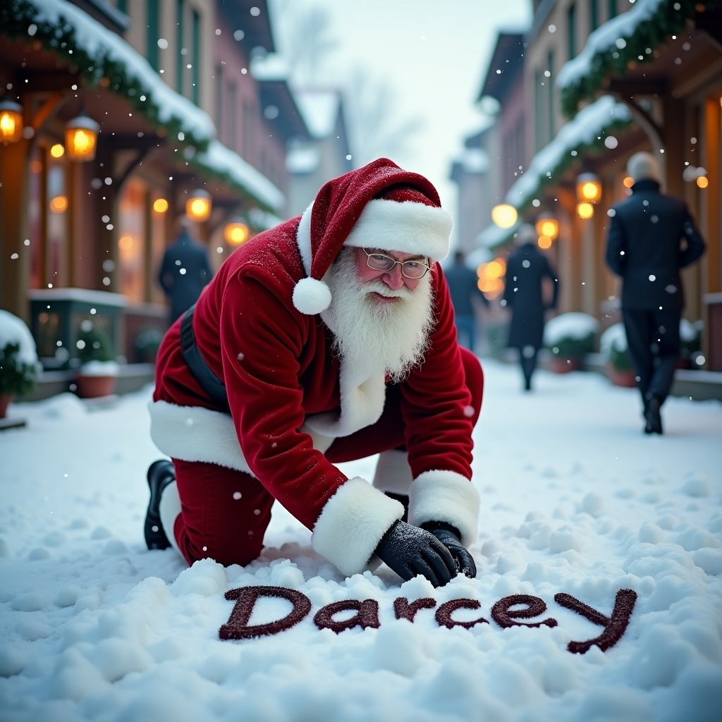 The image depicts Santa Claus in a snowy street during the holiday season. He is dressed in his iconic red and white outfit, kneeling down to write the name Darcey in the freshly fallen snow. The street is lined with quaint buildings, enhancing the festive atmosphere. Soft winter light creates a warm and inviting glow around him. The scene evokes feelings of joy and cheer, making it a perfect representation of the holiday spirit.