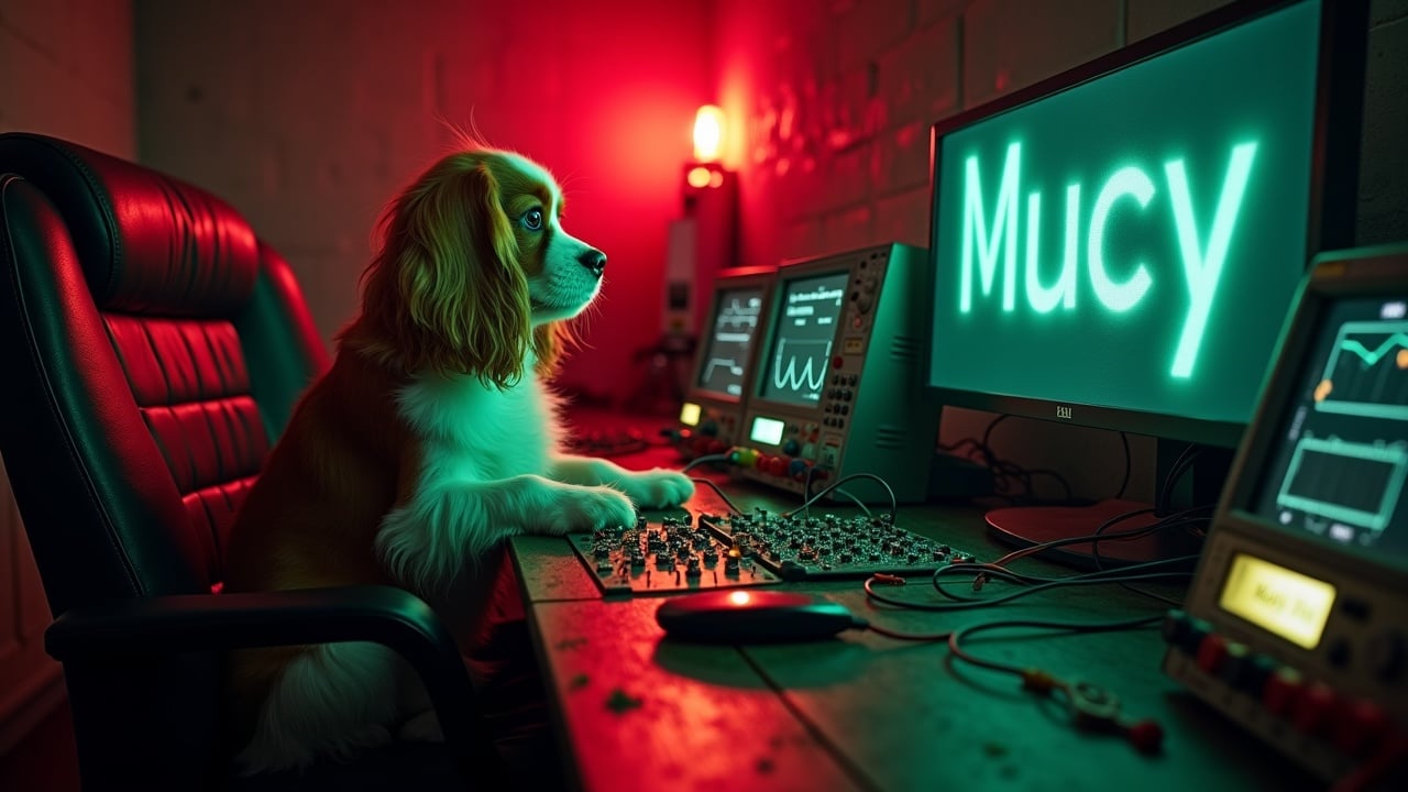 In a dark and eerie bunker, a fluffy Cavalier King Charles Spaniel is interacting with an intriguing electronics setup. The dog sits in a chair, displaying curiosity as it engages with an automatic sentry gun. Surrounding it are various wires and circuit boards, creating an industrial vibe. Oscilloscopes and multimeters nearby show varying signals, emphasizing the technological aspect. A bright red emergency light casts an eerie glow, enhancing the tense atmosphere. On the computer screen, the text 'Mucy' glows green, drawing attention to the unique fusion of themes: technology, industry, and companionship.