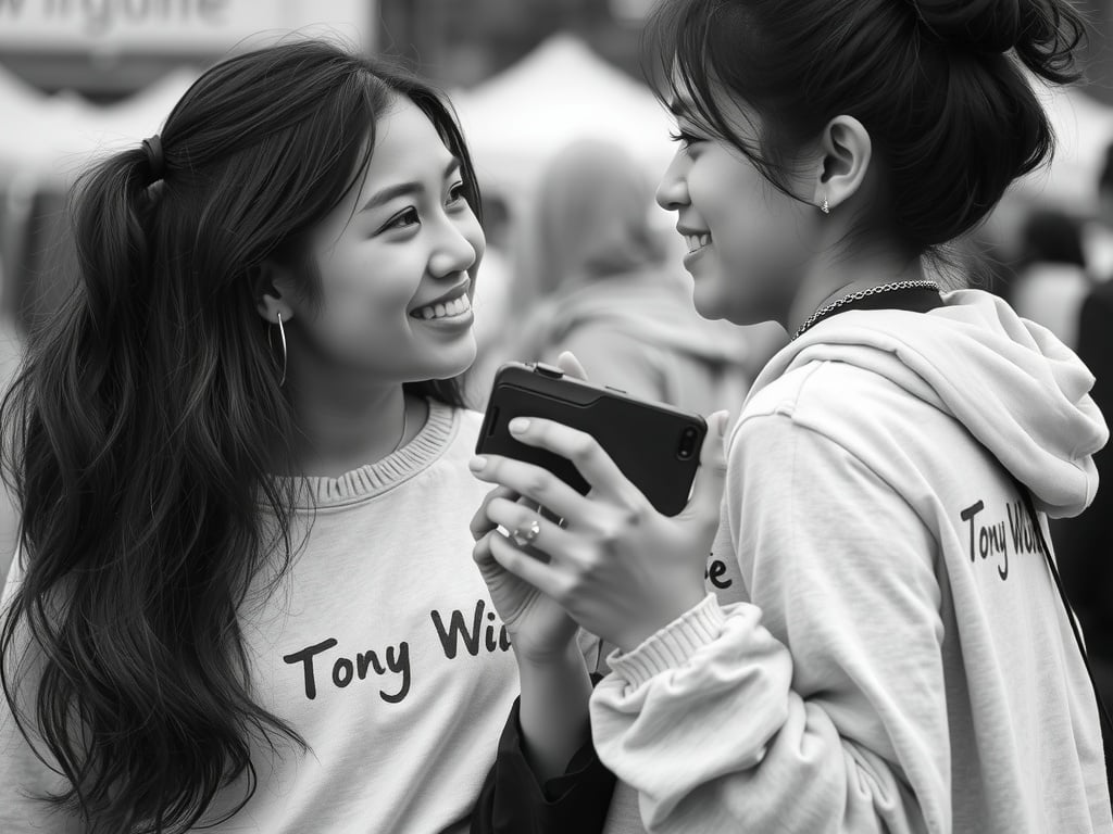 Two friends in matching shirts share a smile while looking at a phone.