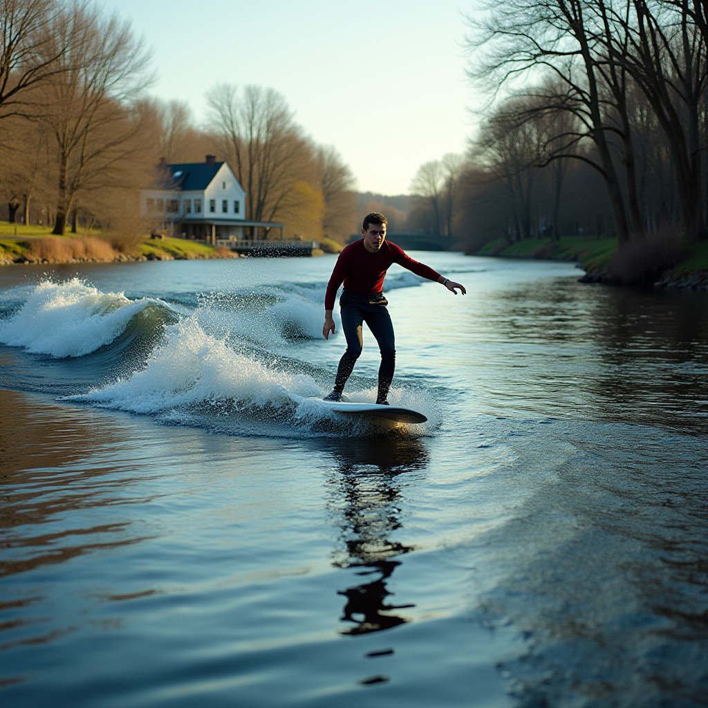 A person surfboarding on a river wave with a house in the background and trees lining the waterway.