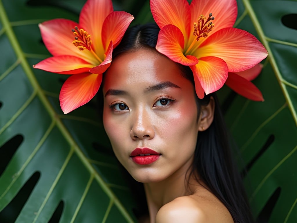 A portrait of a woman with hibiscus flowers in her hair, against a backdrop of large green leaves.