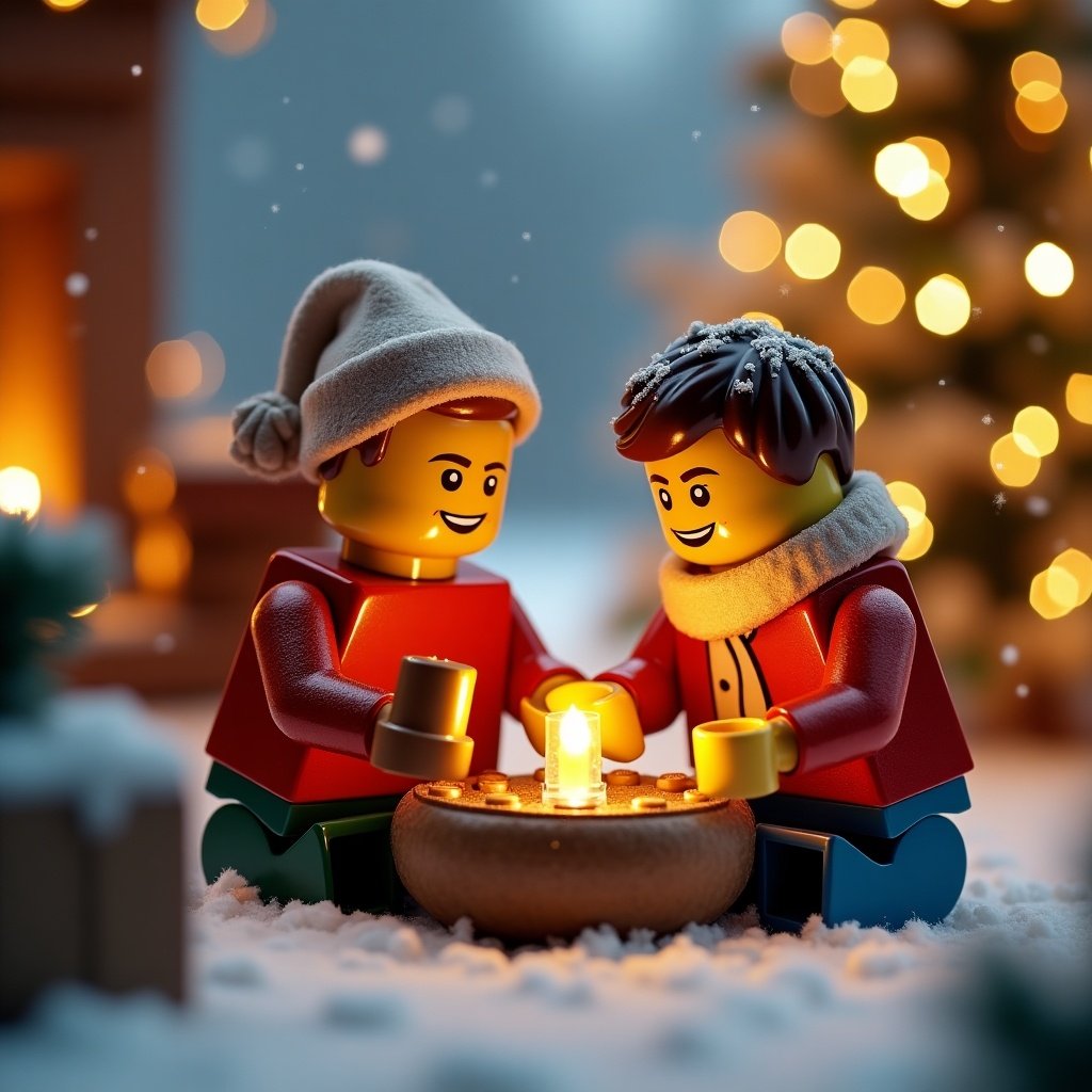 This image features a charming LEGO-style interpretation of a winter familial setting during Christmas. Two LEGO figures, dressed in festive attire, are seated together, embracing the warmth of a candlelight. Surrounding them is a snowy backdrop adorned with a beautifully lit Christmas tree. The scene evokes feelings of love and togetherness, enhanced by the glowing lights and holiday decorations. Soft and inviting colors embody the holiday spirit, making this image a perfect capture of festive cheer.