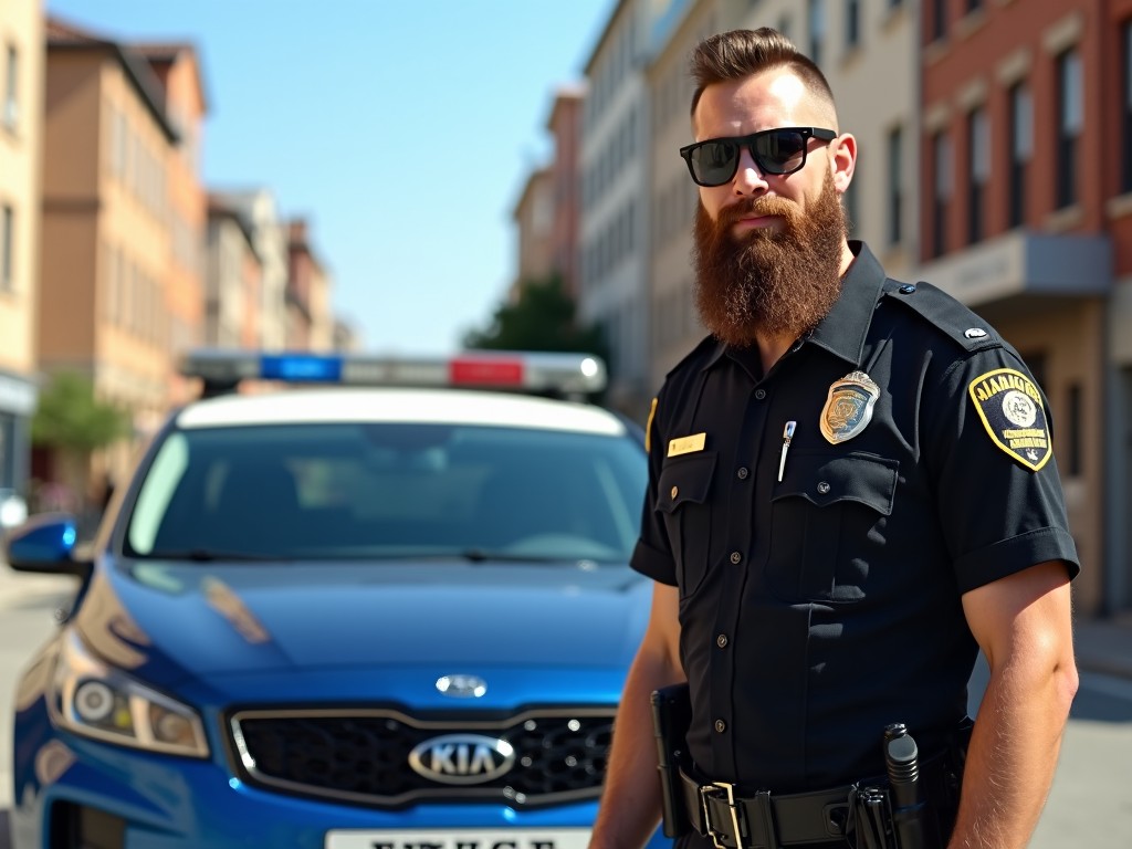 A tall, thin man with a brown beard and black sunglasses is standing next to a police car. He is wearing a black police uniform that includes patches and a badge. The police car is a blue Kia with flashing lights on top. The setting is a clean urban street lined with buildings. The sunlight highlights the officer's features and the car's design. This scene conveys a sense of safety and community presence.