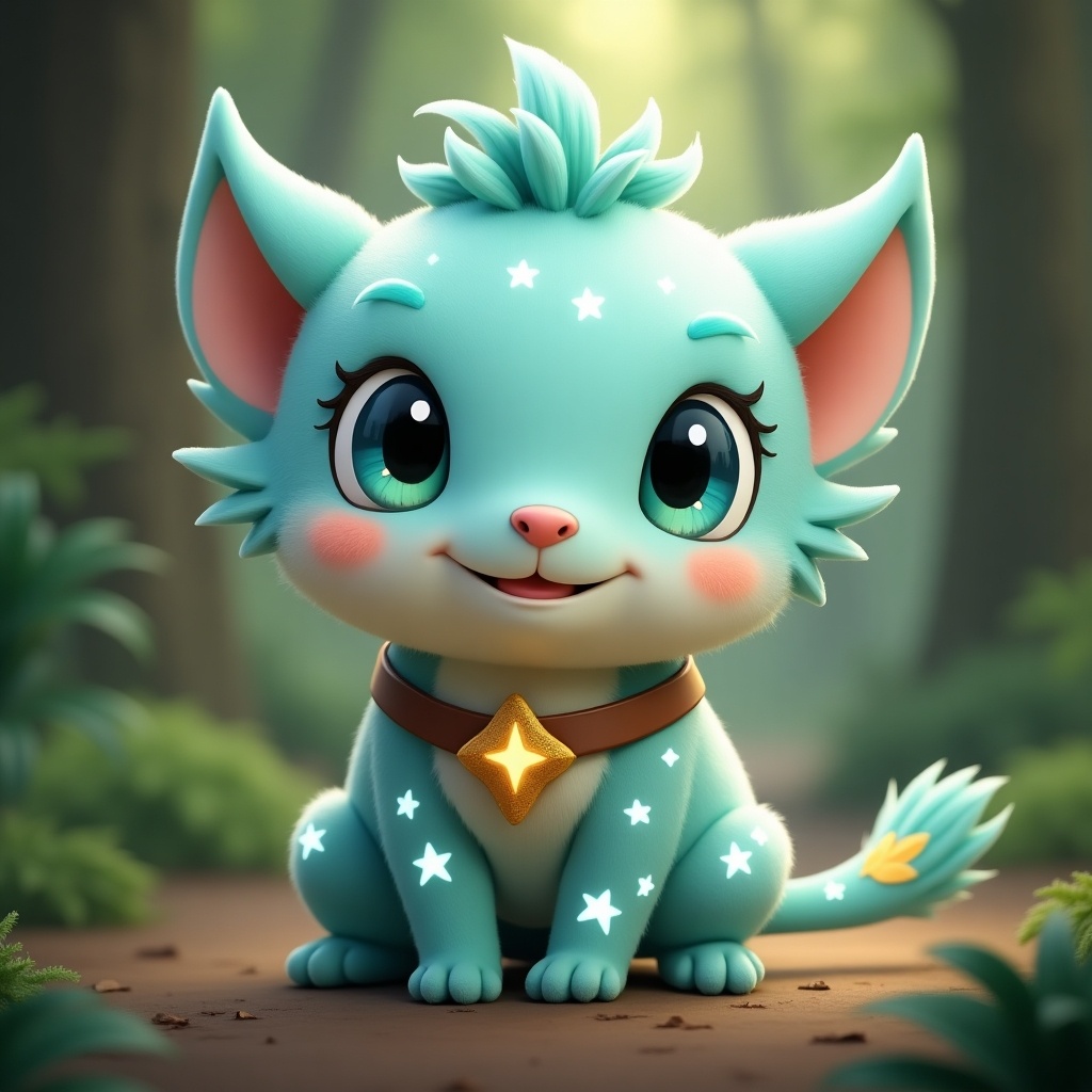 Design Tiko, a small, pastel teal creature with glowing white star-like spots on his soft body. He has large blue-green eyes, a button nose, pointy twitching ears, and a cheerful smile. A fluffy tuft of hair tops his head, and a short tail with a glowing star at the tip adds charm. Tiko wears a simple belt with a magical golden leaf, embodying his playful, adventurous spirit in a lush, magical forest.