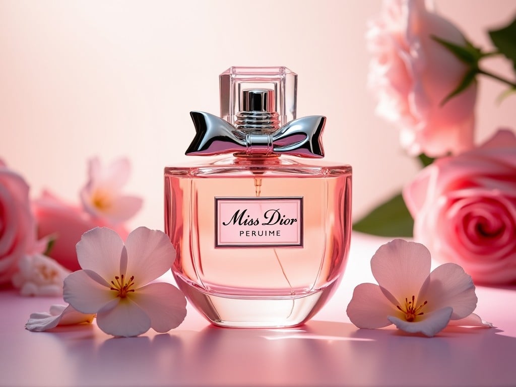 The image showcases a beautifully designed Miss Dior perfume bottle, prominently displayed on a soft and elegant surface. Surrounding the bottle are delicate flowers, enhancing its floral scent profile. The lighting is soft and diffused, creating an inviting and luxurious atmosphere. The color palette features gentle pinks and whites, embodying femininity and romance. This visual composition is ideal for attracting fashion-conscious consumers who appreciate elegant aesthetics.