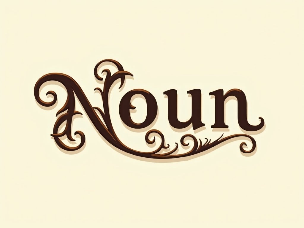 The image showcases the word 'Noun' in a beautifully styled font. It features intricate swirls and flourishes that add a decorative touch. The color palette consists of soft beige with dark brown accents, creating a warm and inviting feel. This design is perfect for artistic endeavors, emphasizing creativity and artistry. The overall look is elegant and visually appealing, making it suitable for various creative industries.