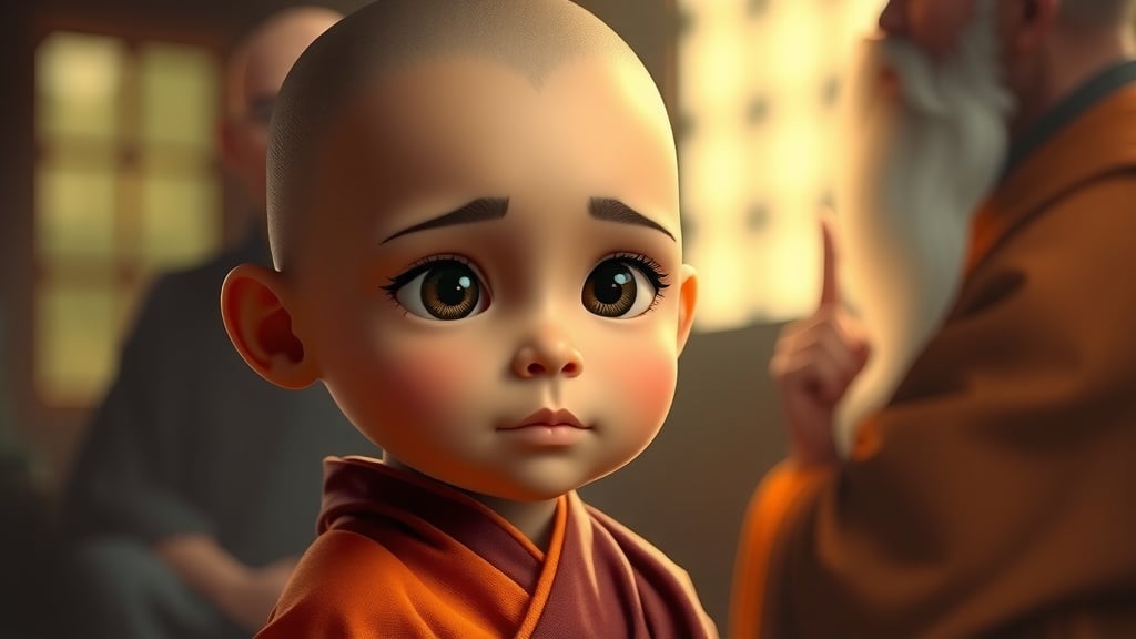 A young monk with wide eyes in a monastery setting, listening to an elder.