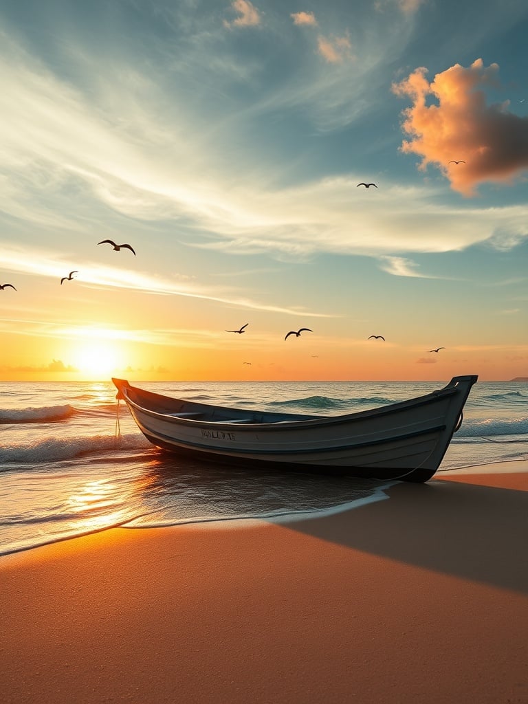 The image captures a peaceful scene of a wooden boat resting on a sandy beach as the sun rises over the ocean. Warm golden hues of the sunrise reflect off the gentle waves, casting a serene glow across the water and sand. Seagulls soar gracefully in the sky, enhancing the tranquil and idyllic essence of a morning by the sea.