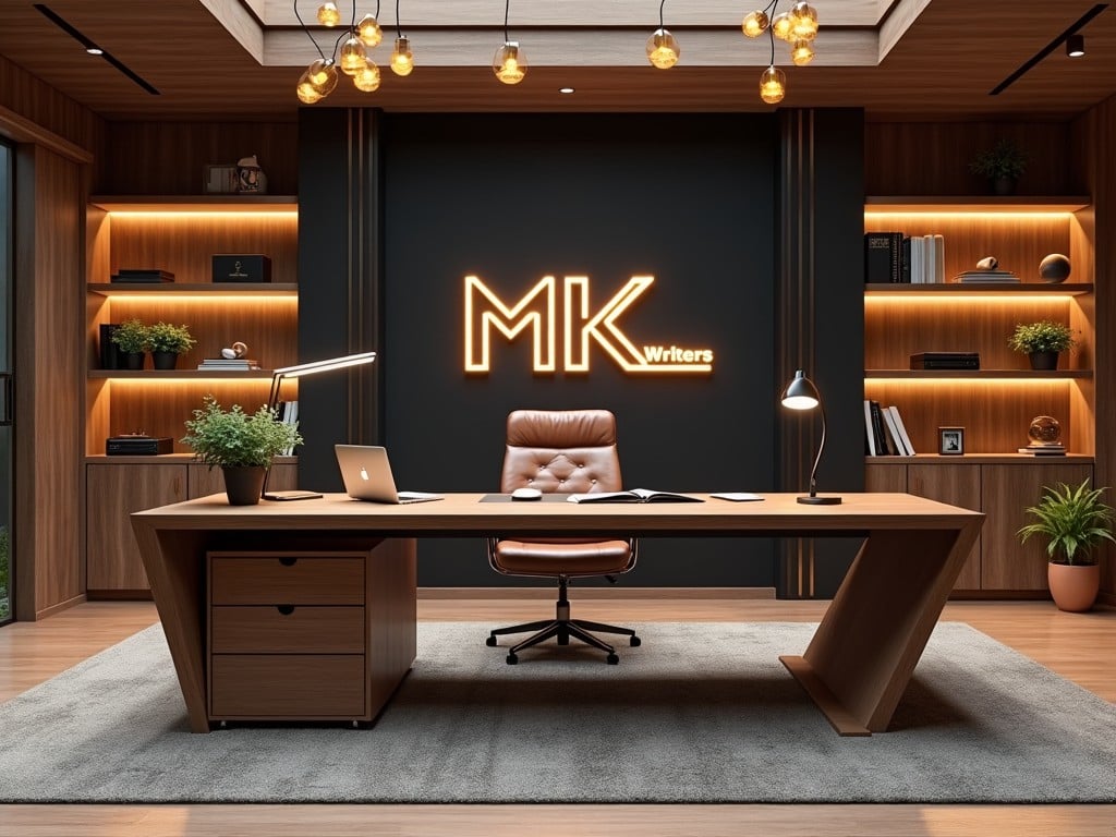 A modern writer's office with stylish furniture and branding.