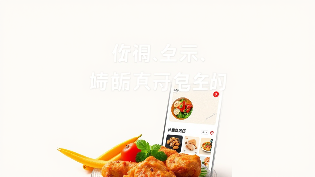 A smartphone screen with a food app is surrounded by fried snacks and fresh vegetables.