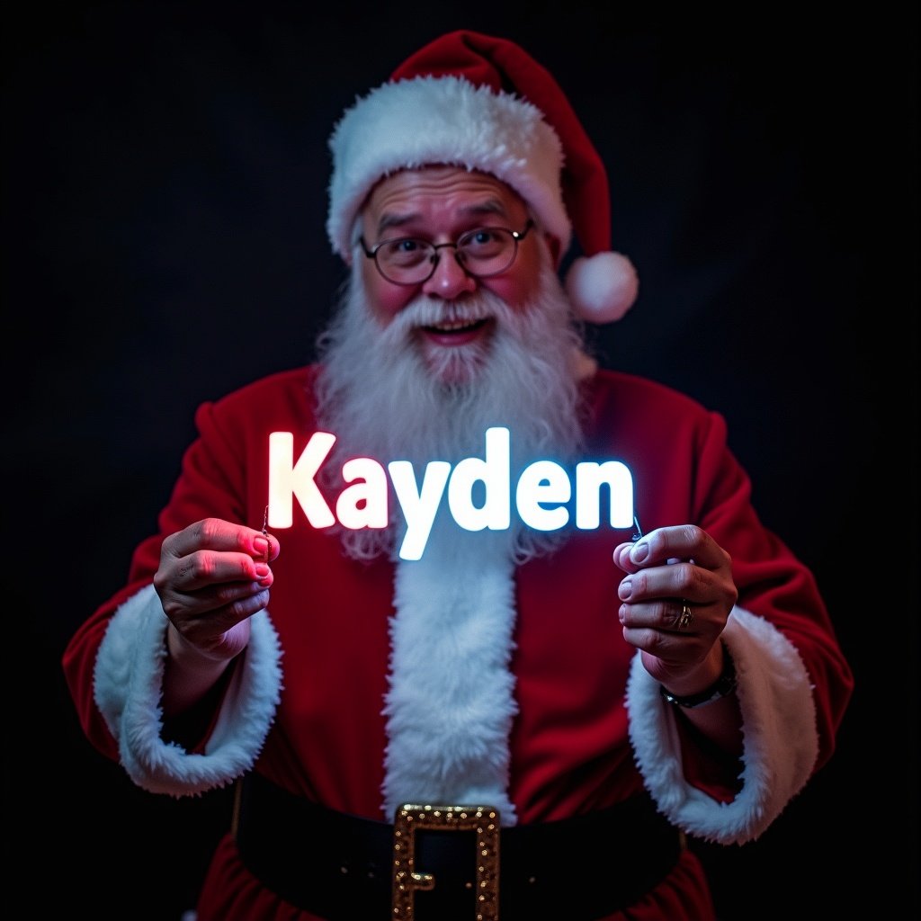 This image features Santa Claus wearing his traditional red and white suit. He is holding a glow stick that forms the name 'Kayden' in bright light. Santa's expression is jolly, exuding warmth and holiday cheer. The background is dark, enhancing the glow of the text. This festive scene captures the magic of Christmas and the joy of the season.