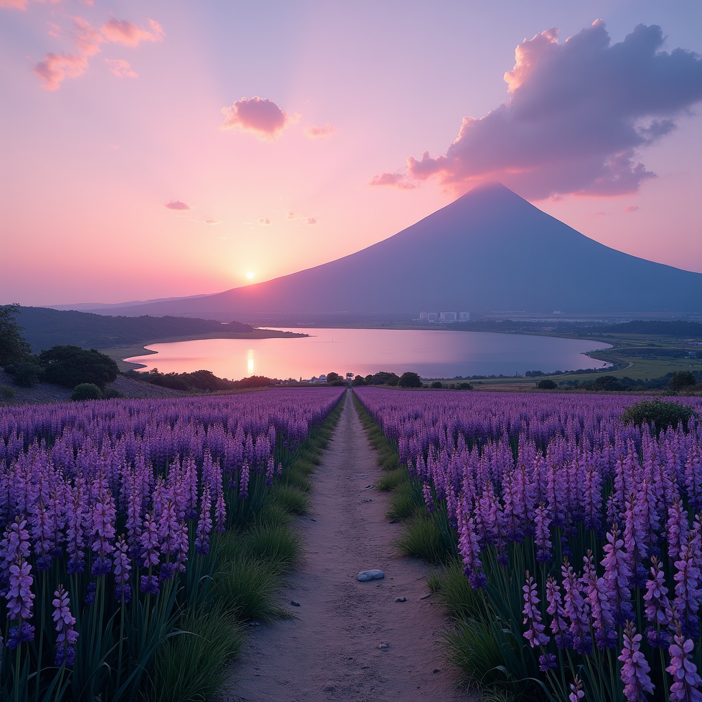 A picturesque pathway cuts through vibrant lavender fields, leading towards a tranquil lake and majestic mountain at sunset with pink and purple hues in the sky.