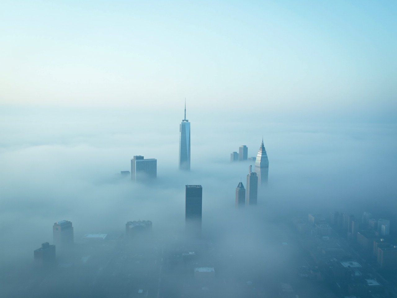 The image captures a stunning aerial view of a sprawling city partially shrouded in fog. Tall skyscrapers rise through the mist, creating a sense of mystery and depth. The sky above is a soft blue, transitioning from light to darker shades as it meets the horizon. Some buildings appear more prominently while others are faintly visible in the clouds. The atmosphere is serene and almost dreamlike, evoking a feeling of being high above the bustling urban life below.