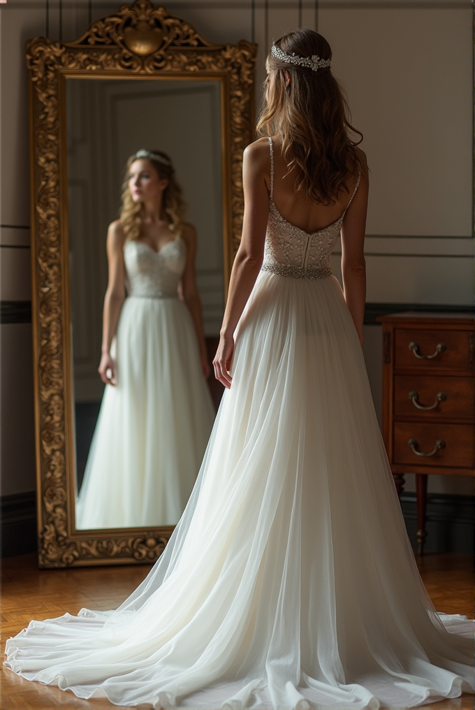 A bride in an elegant white gown stands facing a large ornate mirror, with her reflection looking back at her.