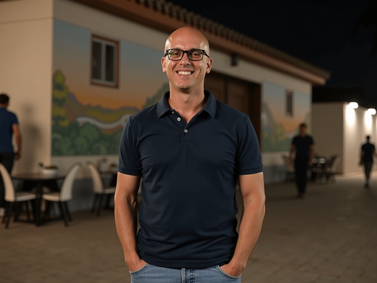 The image shows a man standing on a street at night. He is wearing a dark blue polo shirt and light blue jeans. The background features a building and some walls with murals, although they are not clearly visible due to the lighting. The man has a bald head and glasses, and he is smiling at the camera. There is also some outdoor furniture and other people in the blurred background, contributing to the street scene.