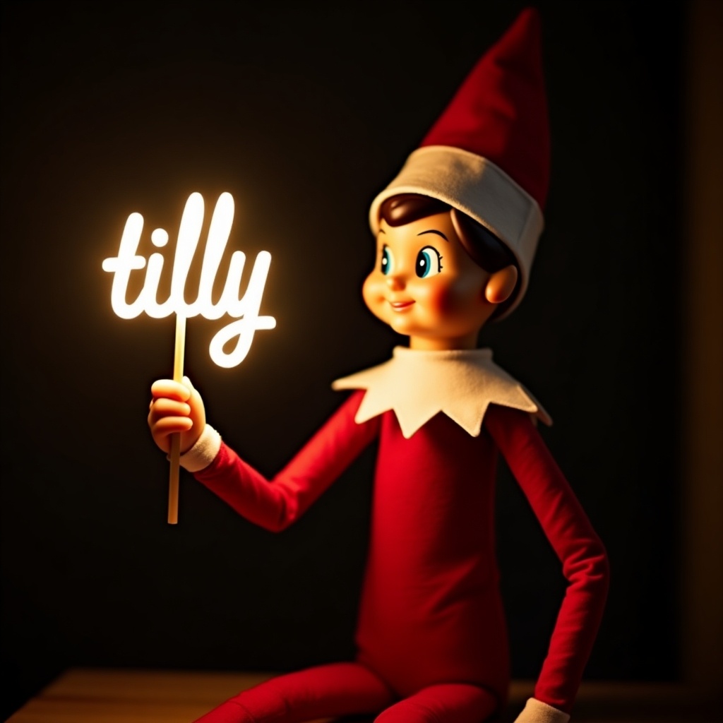 This image features an elf on the shelf character, dressed in traditional red and white attire. The elf is holding a glow stick that forms the name 'tilly' in bright, soft light. The background is dark, which enhances the glowing effect of the text. It creates a warm, festive atmosphere, embodying the joy of the holiday season. The scene evokes feelings of magic and cheer associated with Christmas celebrations.