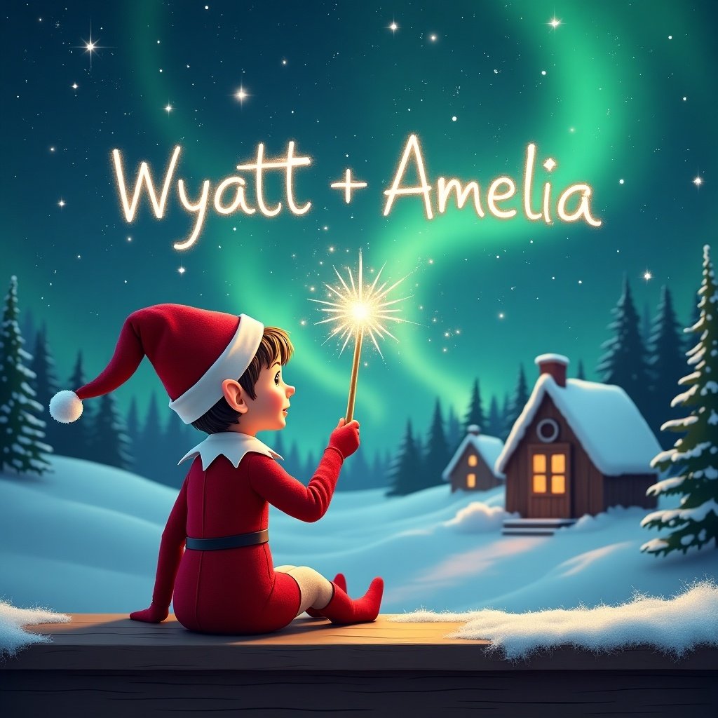 An elf sits on a wooden ledge, back to the viewer, gazing at a magical sky filled with stars. The elf is dressed in a vibrant red outfit and wears a pointed hat. In its hand, the elf holds a sparkling wand, elegantly writing 'Wyatt' and 'Amelia' in the air. The background is a serene snowy landscape featuring cozy little houses and tall evergreen trees, all illuminated by the enchanting Northern Lights. This scene evokes feelings of childhood wonder and festive joy.