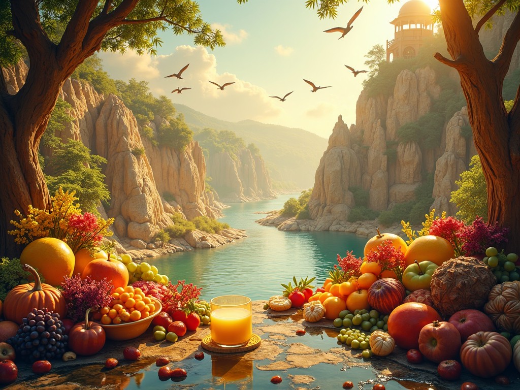 The image depicts a scenic landscape with a calm river flowing between rocky cliffs during sunset. In the foreground, there is an abundant display of various fruits and a glass of juice. The warm, golden hues of the sunset illuminate the fruits, making them look vibrant and fresh. Birds can be seen flying in the sky, adding a dynamic element to the tranquil scene. The overall composition conveys a sense of abundance and natural beauty, inviting viewers to appreciate the richness of nature.