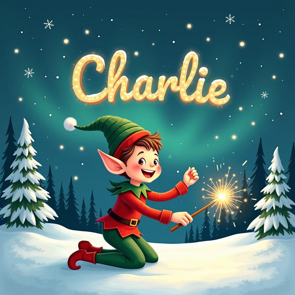 A cheerful elf wearing a classic red and green outfit is kneeling on a snowy landscape. The elf joyfully writes 'Charlie' in sparkles across the night sky with a sparkler. Snow-covered trees create a festive backdrop behind the elf. The night sky is illuminated with hints of northern lights, adding a magical feel to the scene. The art style is bright, colorful, and whimsical, perfect for a holiday theme.