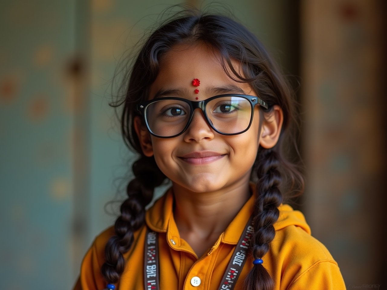 This image captures a young girl with a bright smile, showcasing her playful and innocent spirit. She wears large glasses and has her hair braided in two pig tails. The subtle background emphasizes the girl’s cheerful expression, highlighted by the natural sunlight streaming in from one side.