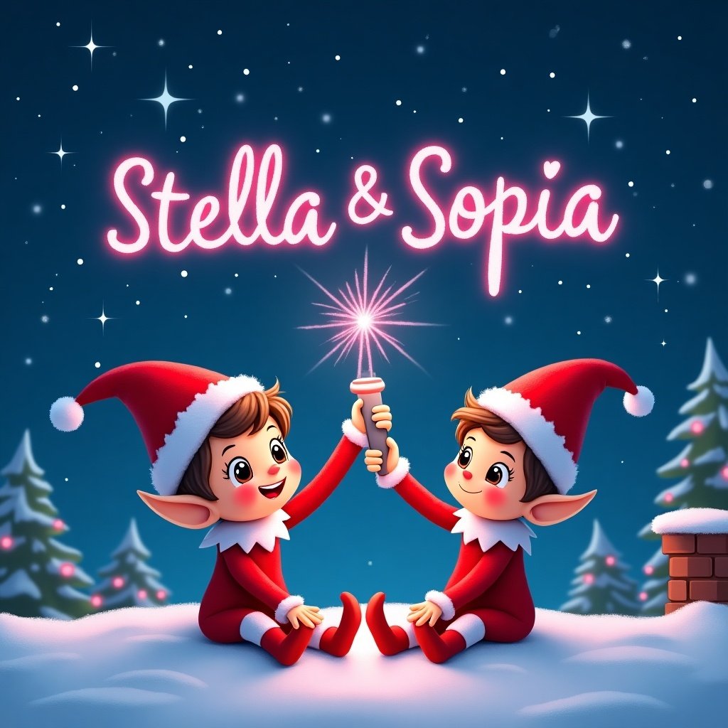 Two elves named Stella and Sophia are joyfully sitting on a snow-covered rooftop. They are under a beautiful starry night sky, giving a festive allure to the scene. One of the elves is using a glowing pink marker to write their names in the sky. As she writes, a sparkling trail of light follows, adding to the magic. The overall atmosphere is cute, cheerful, and full of Christmas spirit, making it a delightful winter illustration.