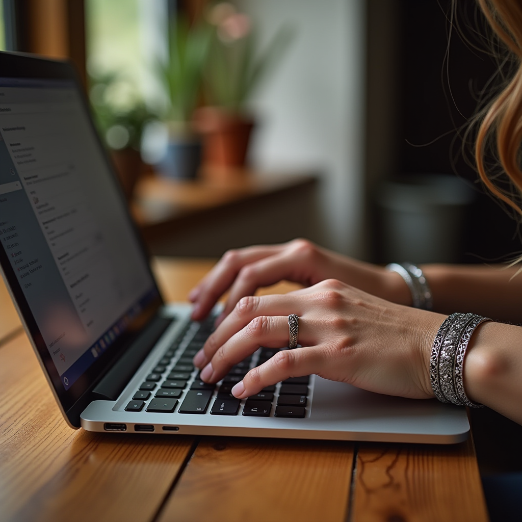 Hands with bracelets type on a laptop beside a window and plants.