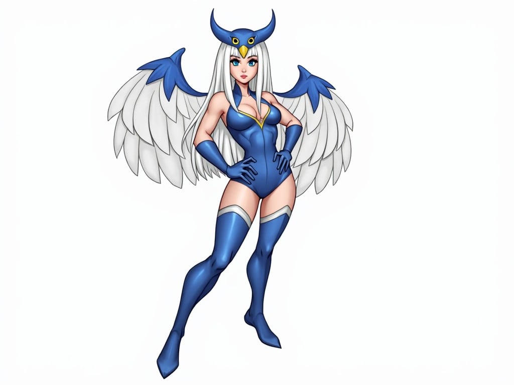 The image depicts a female superhero character with long white hair and striking blue attire. She has large white wings and a blue headpiece with owl-like features. Her costume is form-fitting and emphasizes curves, making her look both powerful and attractive. The background is plain, drawing attention to her vivid colors and design. This character embodies attributes of strength and fantasy, typical in superhero narratives.