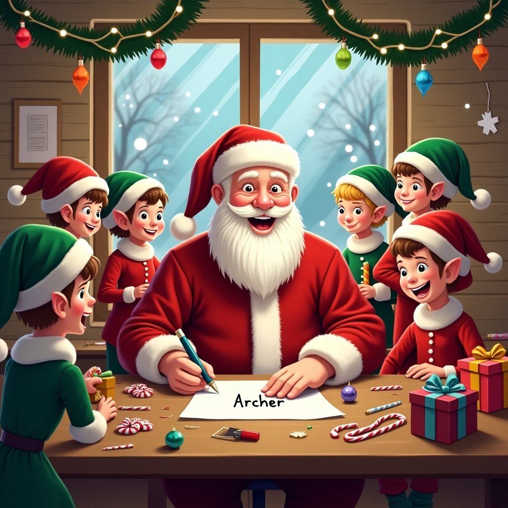 This image depicts a joyful Christmas scene inside a workshop with Santa Claus and cheerful elves. Santa wears his classic red suit, while the elves sport green hats and red outfits. They are engaged in festive activities around a table filled with gifts, candy canes, and ornaments. The background features snow visible through a window, adding to the cozy winter atmosphere. Warm lights enhance the festive mood as Santa writes the name 'Archer.' The overall ambiance is joyful and celebratory, capturing the essence of Christmas spirit.