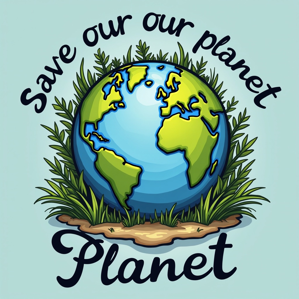 An illustrated globe surrounded by greenery with the text 'Save our planet' on a light blue background, emphasizing environmental conservation.