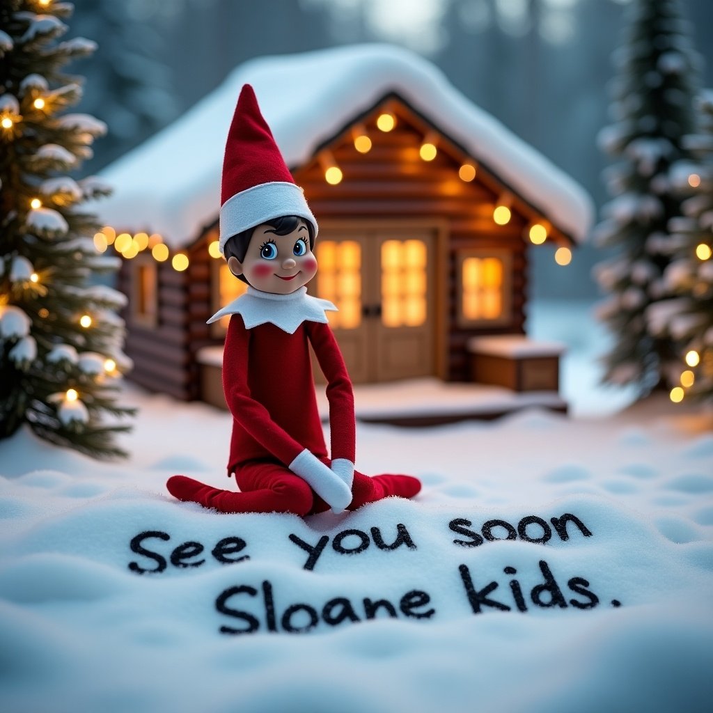 An elf on the shelf sits happily in a snowy landscape. He wears a red outfit with a white collar and a festive hat. Behind him is a cozy cabin, warmly lit to create a magical holiday atmosphere. The ground is blanketed in soft, white snow where he writes ‘See you soon Sloane kids’ in the snow. Trees decorated with twinkling lights surround him, contributing to the peaceful winter scene that evokes the spirit of Christmas.