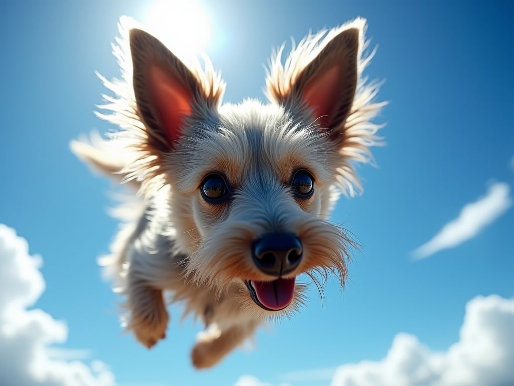 a cute small dog jumping towards the camera with a fisheye lens effect, set against a bright blue sky with fluffy clouds, capturing a joyful and playful moment