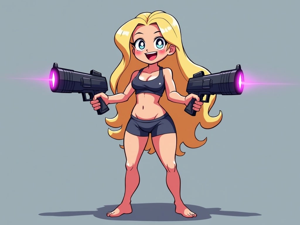 The image features a stylized cartoon character with long blonde hair, holding two futuristic pistols with pink accents. She has a playful expression, sporting a playful outfit that highlights her dynamic pose. The background is a simple grey that adds focus to her vibrant appearance. The artwork is colorful and designed in a fun, anime-inspired style, appealing to fans of gaming and animation. The character exudes confidence and energy with her striking posture and facial expression.