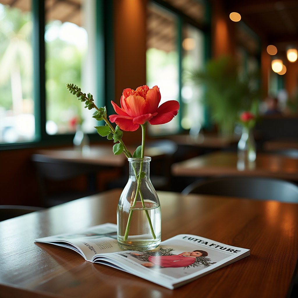 A vibrant red flower in a glass vase sits atop an open magazine on a wooden table in a cozy café setting.