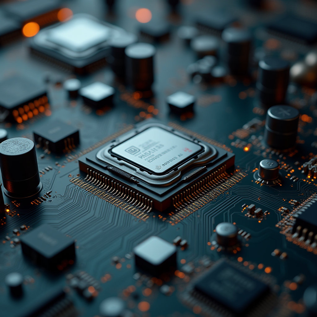 A detailed view of a microprocessor chip on a complex circuit board with glowing traces.