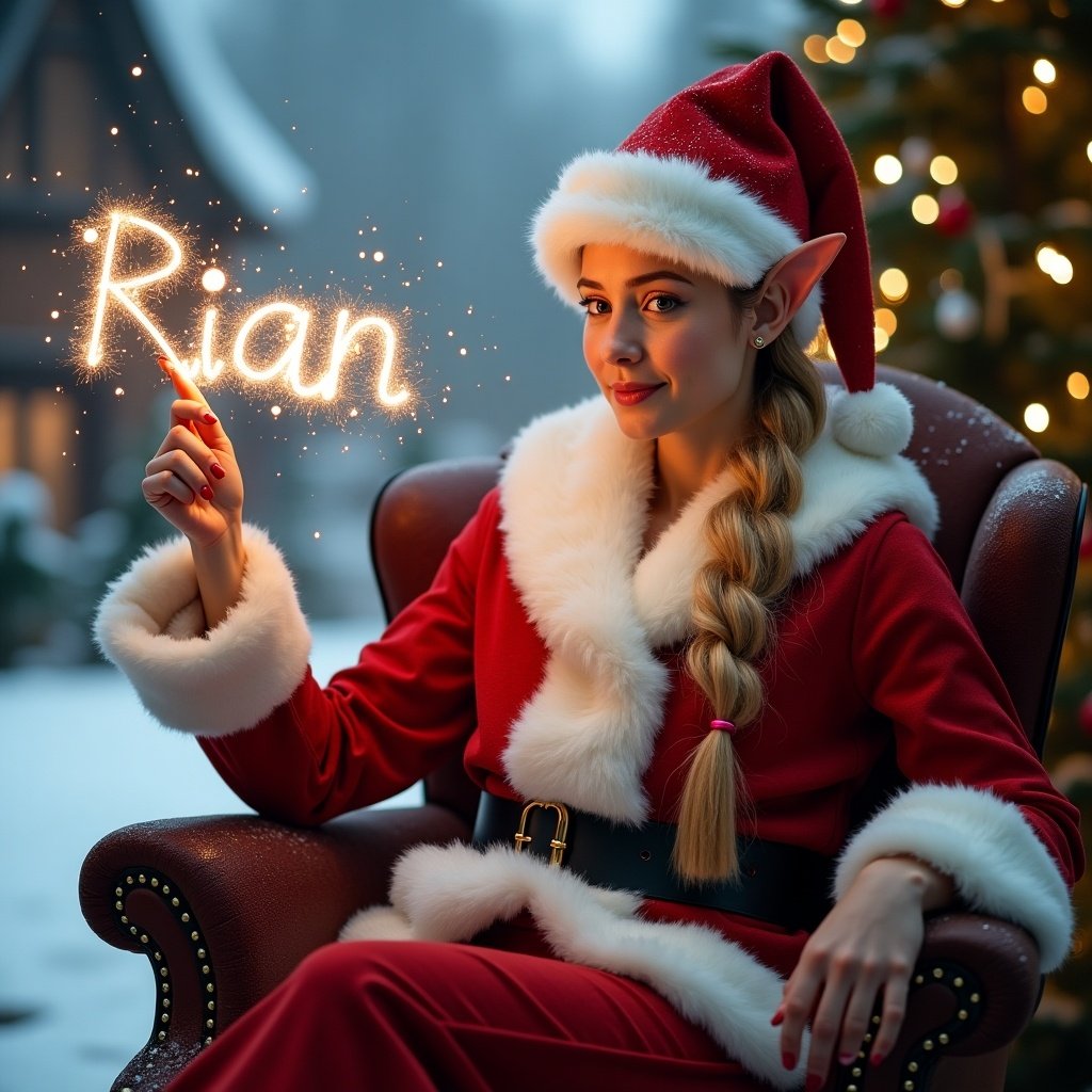 A festive setting featuring a female elf in a red costume with a pointed hat. She is seated comfortably in a big chair, holding a sparkler that creates a magical effect as she writes the name 'Rian'. The background depicts a snowy landscape typical of Santa's workshop, enhancing the holiday spirit. The atmosphere is warm and inviting, suggesting the joy of Christmas. This scene captures the essence of holiday cheer and magic.