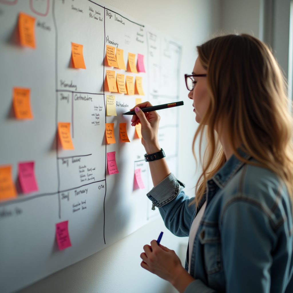 A person planning on a whiteboard filled with colorful sticky notes and charts.