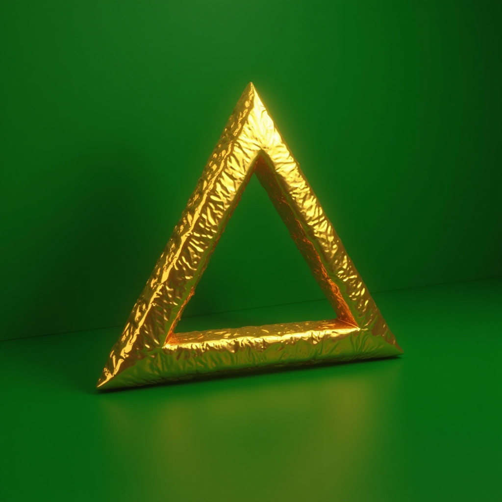 A golden, metallic-textured triangle set against a smooth green background.