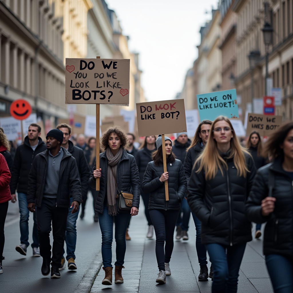 A group of people marching with signs questioning their identity as bots.