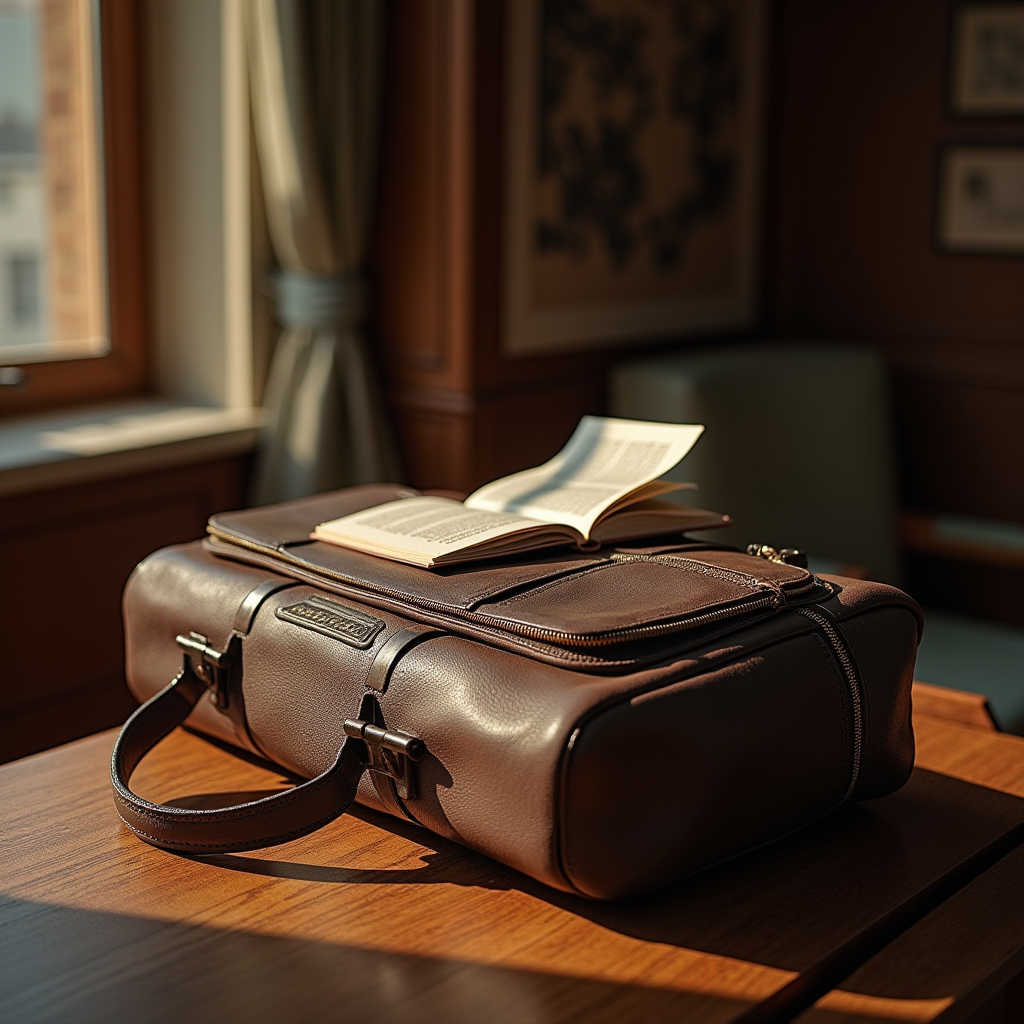 A brown leather duffel bag sits on a wooden table with an open book on top, basking in warm sunlight.