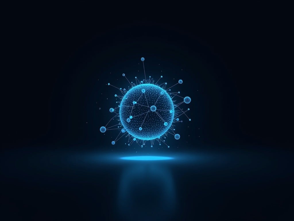 The image features a glowing blue sphere surrounded by a network of smaller particles. This digital artwork represents concepts of technology and science. The sphere glows softly against a dark background, enhancing its prominence. Its design suggests connectivity and innovation. The visual elements create an abstract feel, making it suitable for various digital projects.