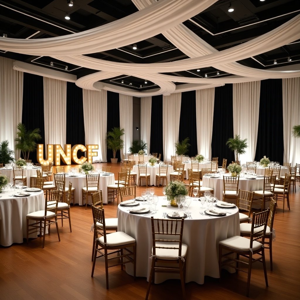 This image showcases a large, elegant banquet space designed for events. The room features pristine white shimmering tablecloths paired with gold chiavari chairs, creating a luxurious atmosphere. Draped in black and white fabric, the ceiling adds to the sophistication. A prominent feature is the 5ft tall light-up letters spelling 'UNCF', which serves as a striking focal point. The soft, ambient lighting enhances the warmth of the setting, making it ideal for formal gatherings and celebrations.