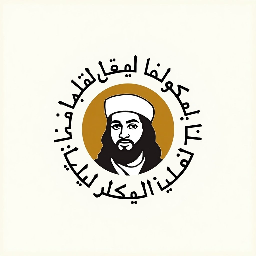 The image features a prominent portrait of Ali in the center, designed in a stylistic manner. Surrounding the portrait is a circular text in Arabic that reads respectably. The design maintains a minimalist style, focusing on easy readability. The background is a subtle, clean color that accentuates the central portrait. The overall composition is balanced, drawing attention to the face and the surrounding text, while encapsulating rich cultural significance.