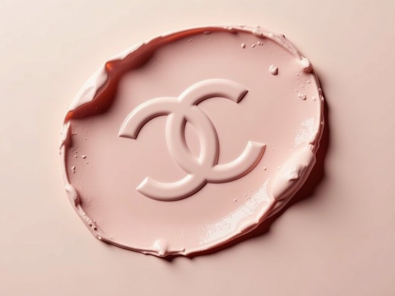 This image features a circular element resembling a makeup product. The surface is smooth and polished, colored in a soft pink hue. Prominently displayed in the center is a stylized CC logo. Surrounding the logo, there are subtle drips of the product, suggesting a creamy texture. The overall aesthetic is elegant and minimalistic, focusing on luxury and style.