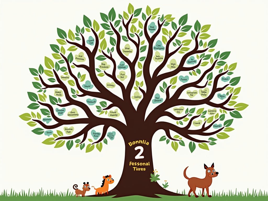 This is a colorful illustration of a family tree with branches and leaves, each bearing a name. The tree is vibrant with shades of green and brown, portraying a rich, stylized design. Below the tree are cartoon animals, adding a playful and whimsical touch, suggesting a family-friendly and warm environment.