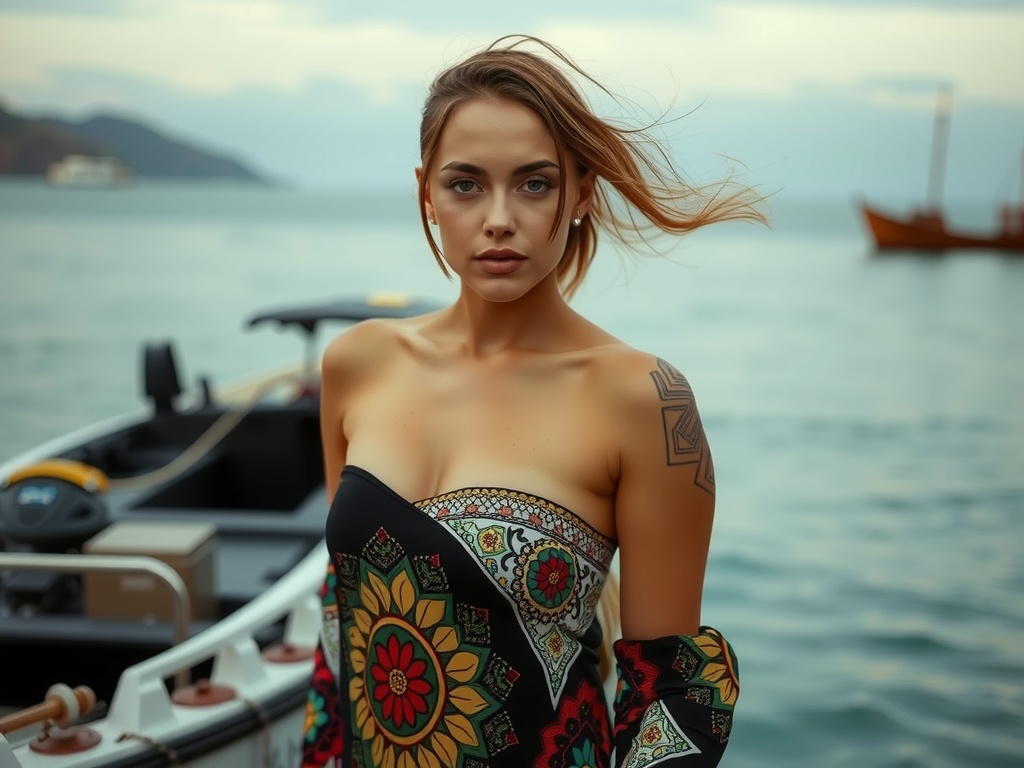 A woman in a colorful dress stands by the ocean with boats in the background.