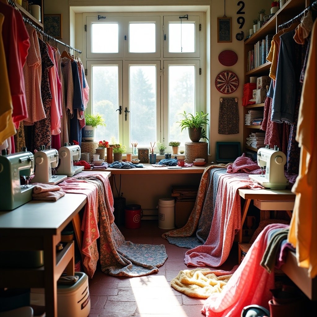 This image showcases a charming sewing room filled with colorful fabrics and sewing machines. The sunlight pours in through a large window, illuminating a cozy workspace. There are various sewing accessories and colorful blankets draped over the furniture. Potted plants add a touch of greenery to the room, enhancing the creative atmosphere. The room is organized yet has a lived-in feel, reflecting a space where crafting and creativity flourish.